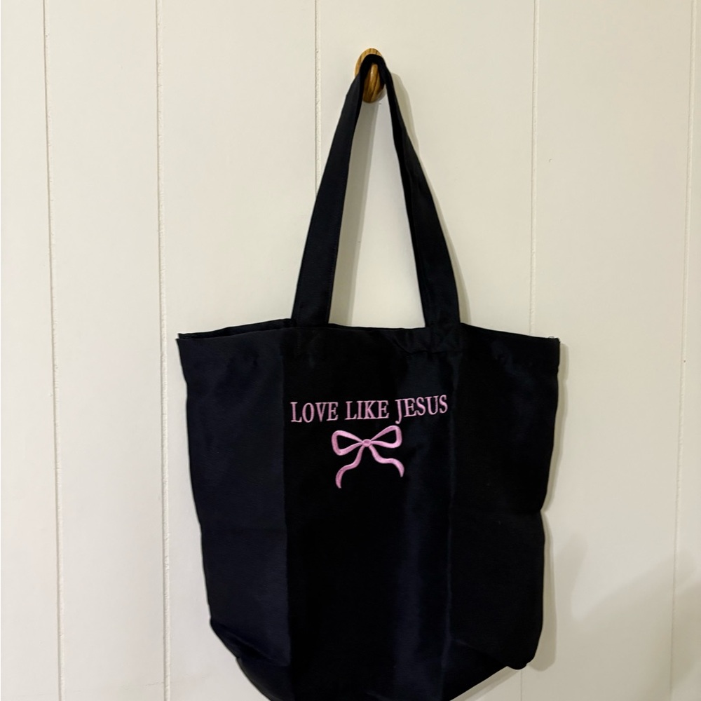 Black Tote Bag with Pink Embroidery